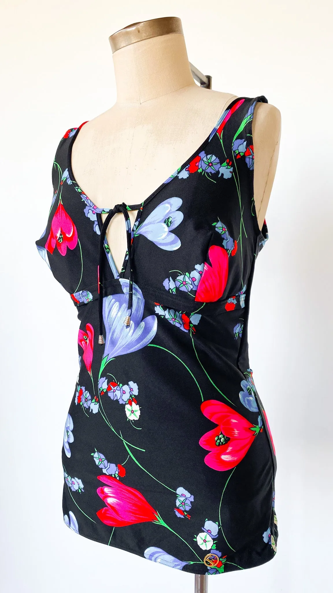 1960s Stormy Florals Skirted Swimsuit, sz. M