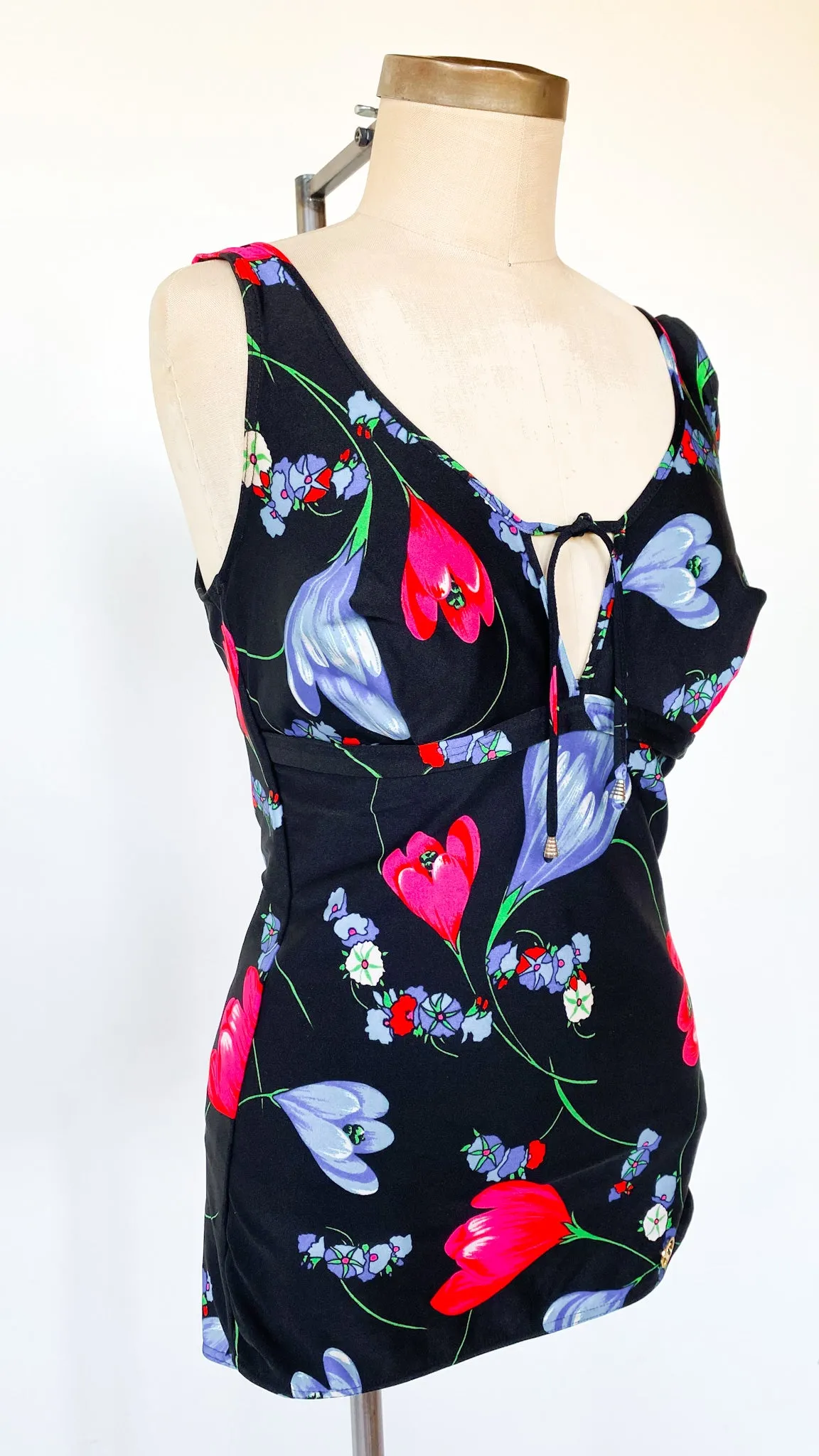 1960s Stormy Florals Skirted Swimsuit, sz. M