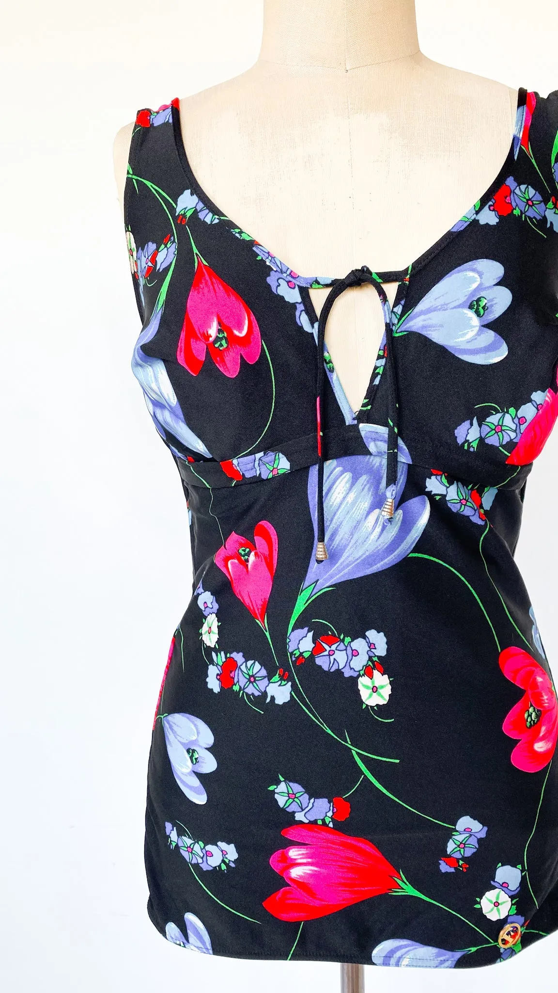 1960s Stormy Florals Skirted Swimsuit, sz. M