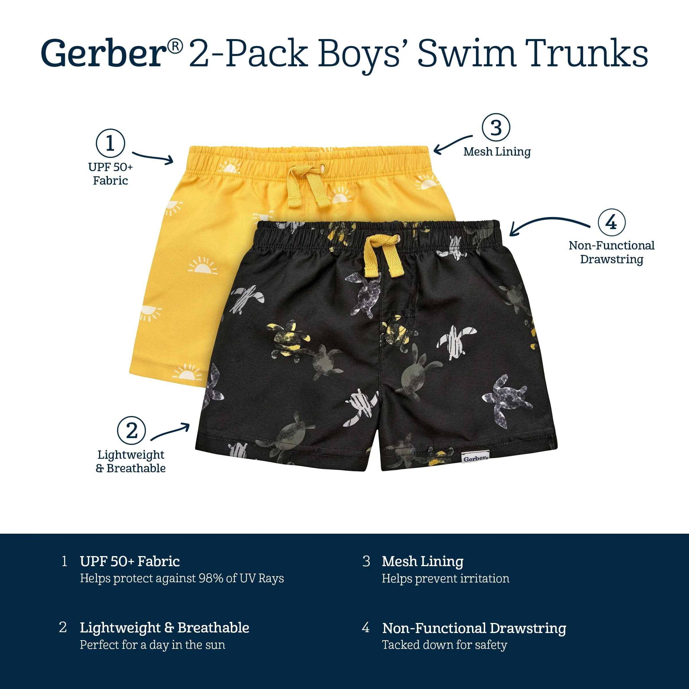 2-Pack Baby & Toddler Boys UPF 50  Turtles & Suns Swim Trunks