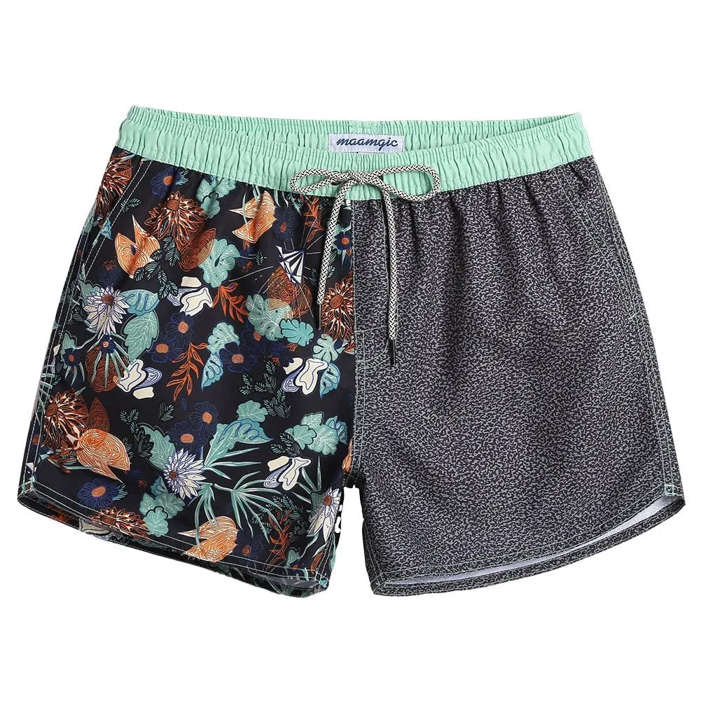 4.5 Inch Inseam Vintage Asymmetric Black Floral Swim Trunks