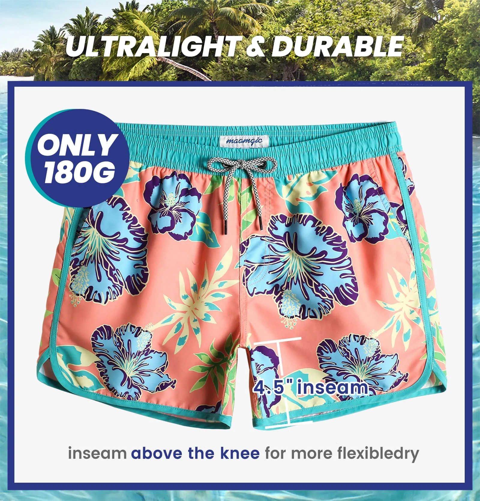 4.5 Inch Inseam Vintage Bluebird Hibiscus Swim Trunks