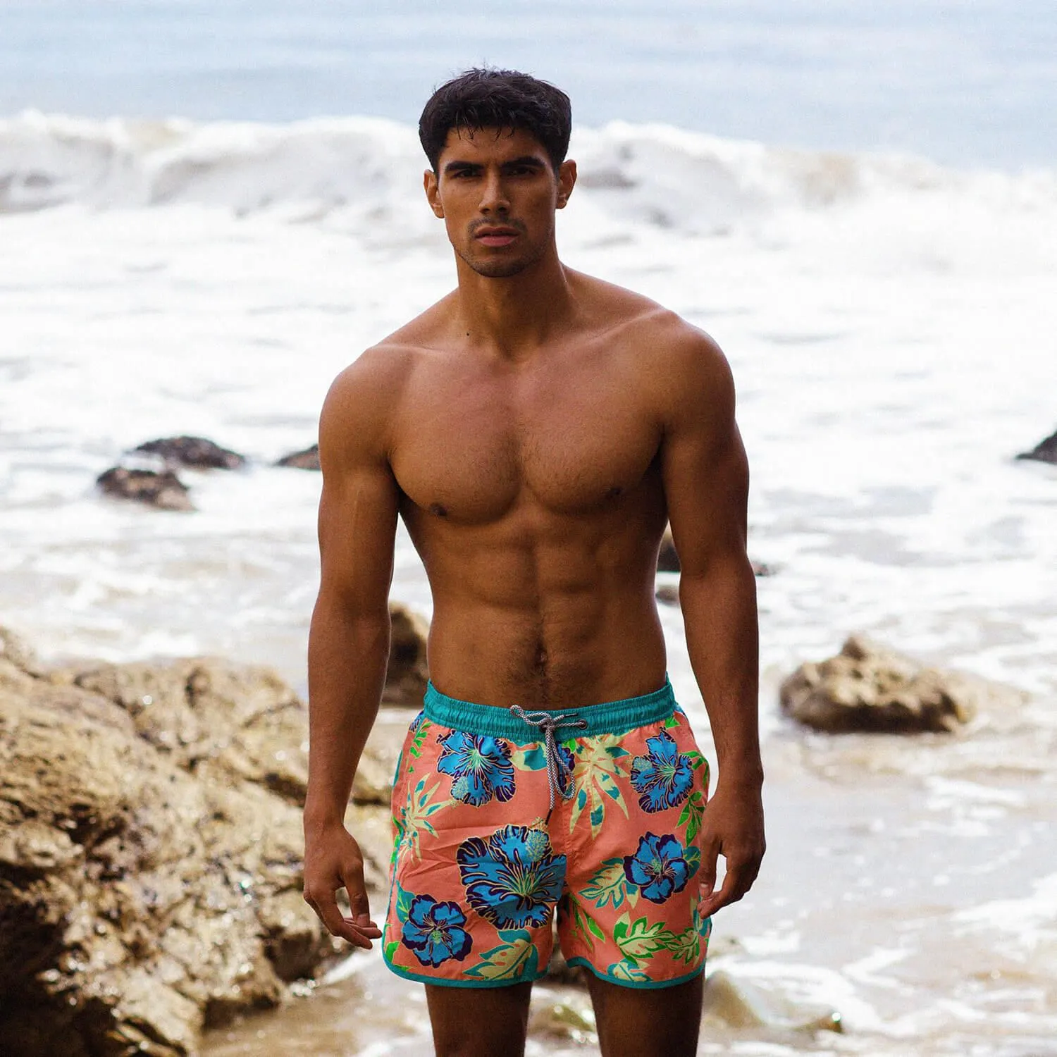 4.5 Inch Inseam Vintage Bluebird Hibiscus Swim Trunks