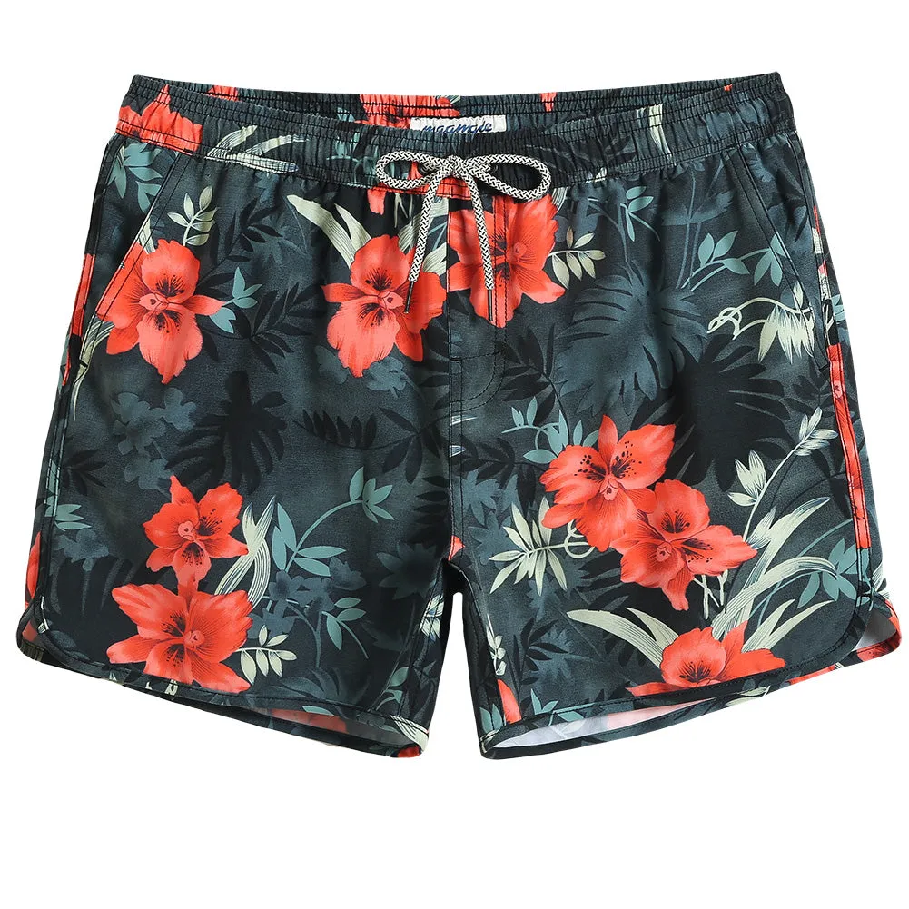 4.5 Inch Inseam Vintage Stretch Red Floral Swim Trunks