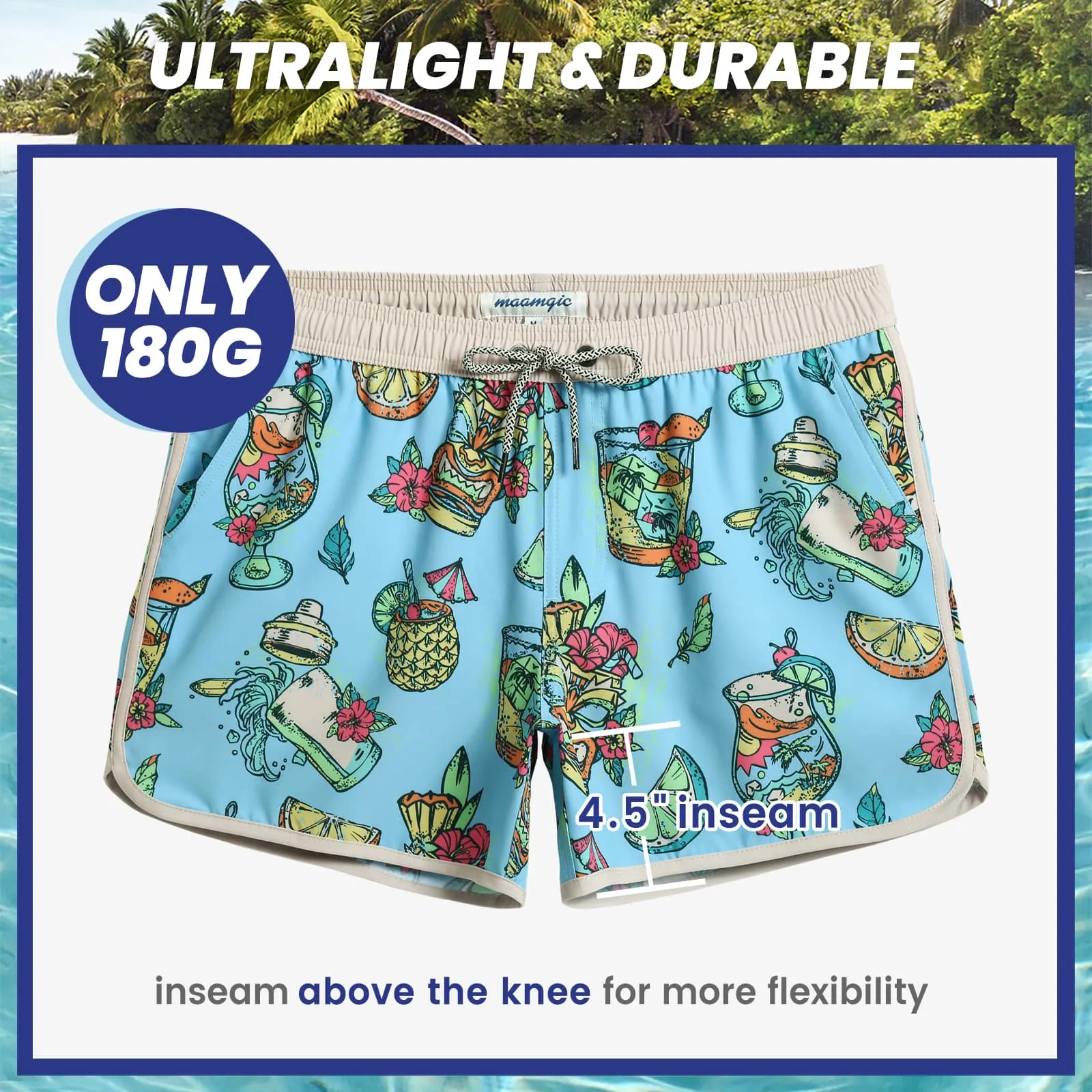 4.5 Inch Inseam Vintage Stretch Tiki Drink Swim Trunks