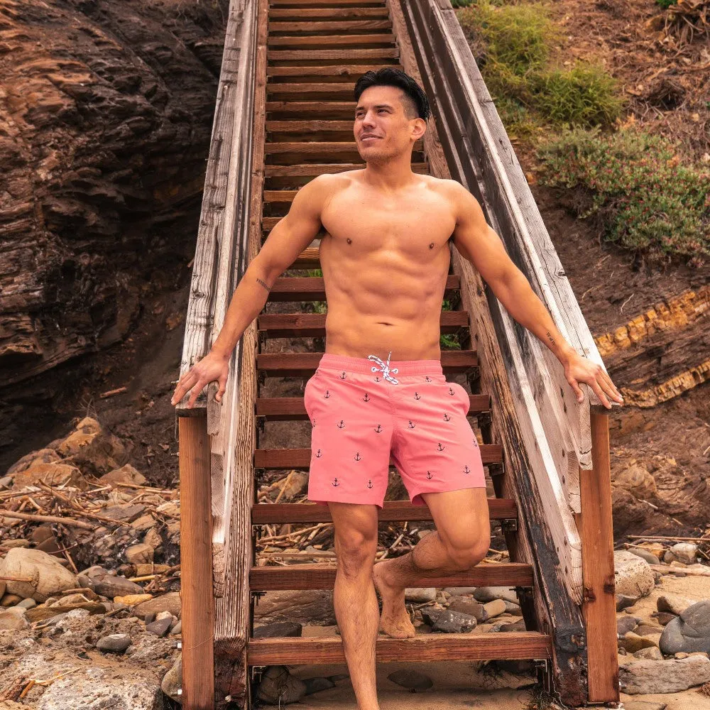 7 Inch Inseam Pink Anchor Swim Trunks