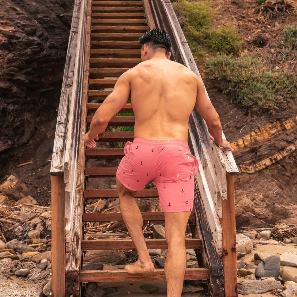 7 Inch Inseam Pink Anchor Swim Trunks