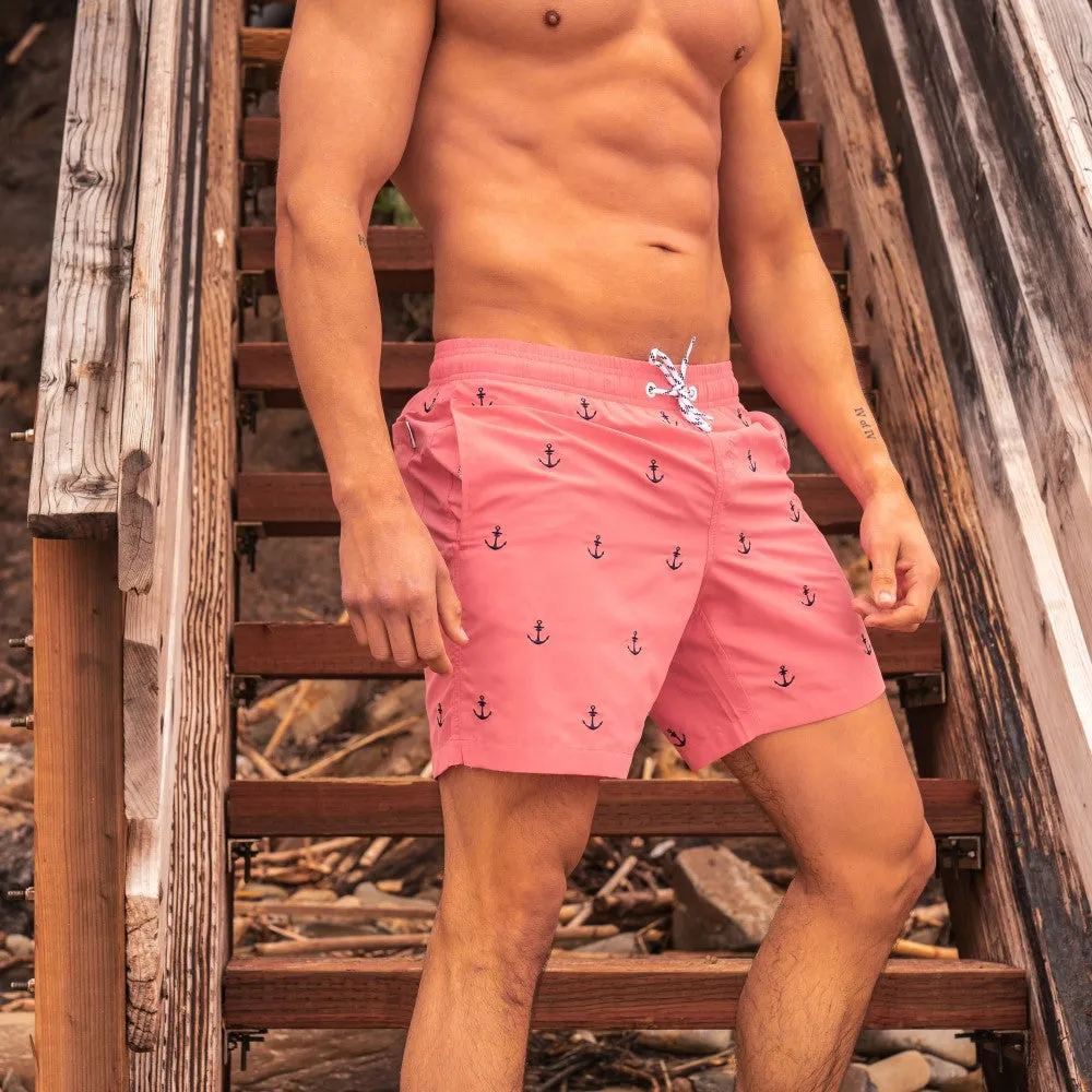 7 Inch Inseam Pink Anchor Swim Trunks