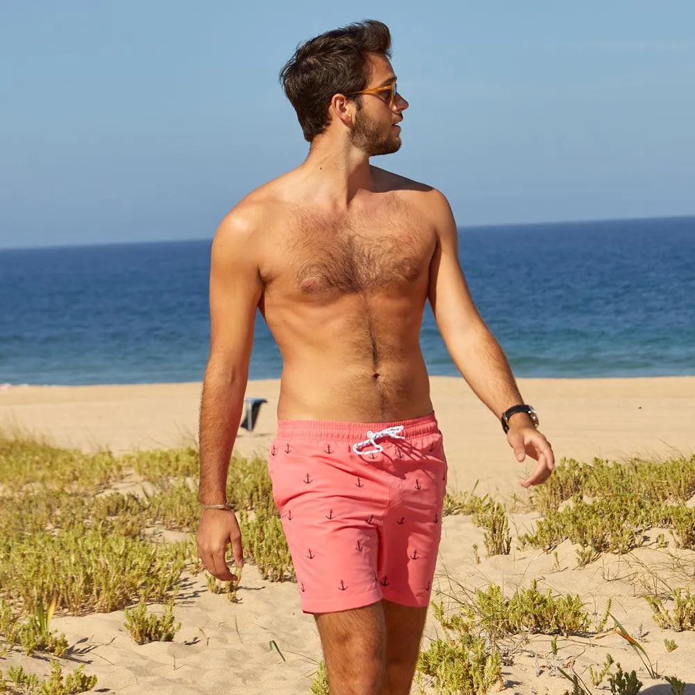 7 Inch Inseam Pink Anchor Swim Trunks