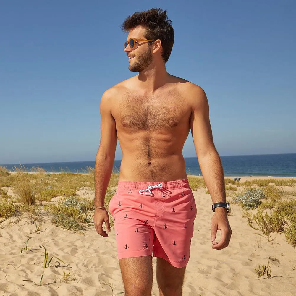 7 Inch Inseam Pink Anchor Swim Trunks