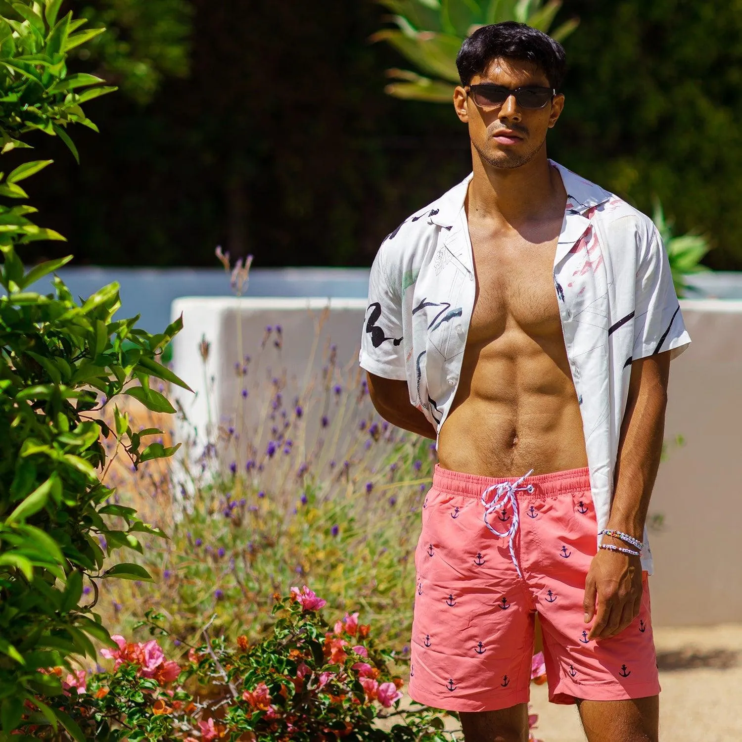 7 Inch Inseam Pink Anchor Swim Trunks