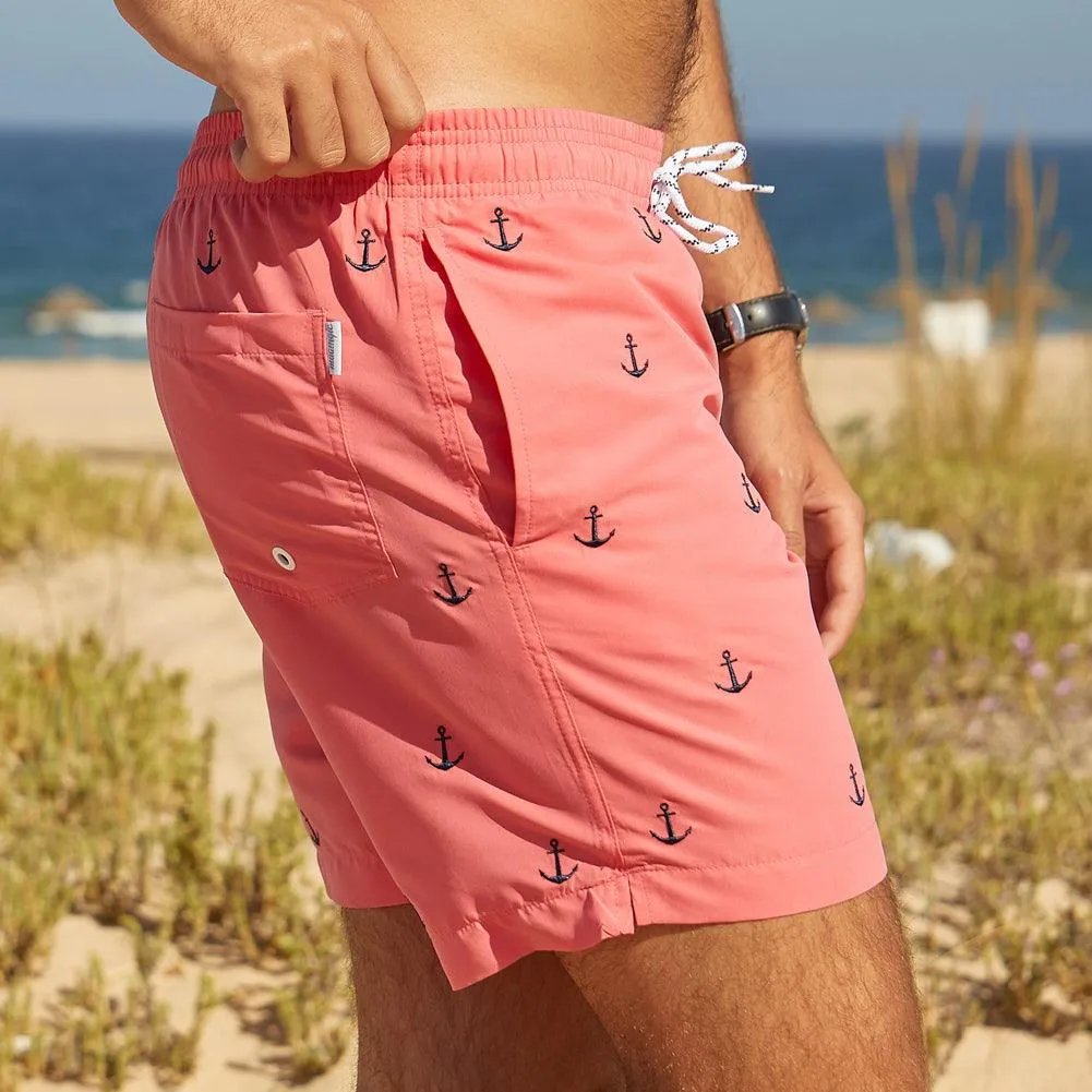 7 Inch Inseam Pink Anchor Swim Trunks