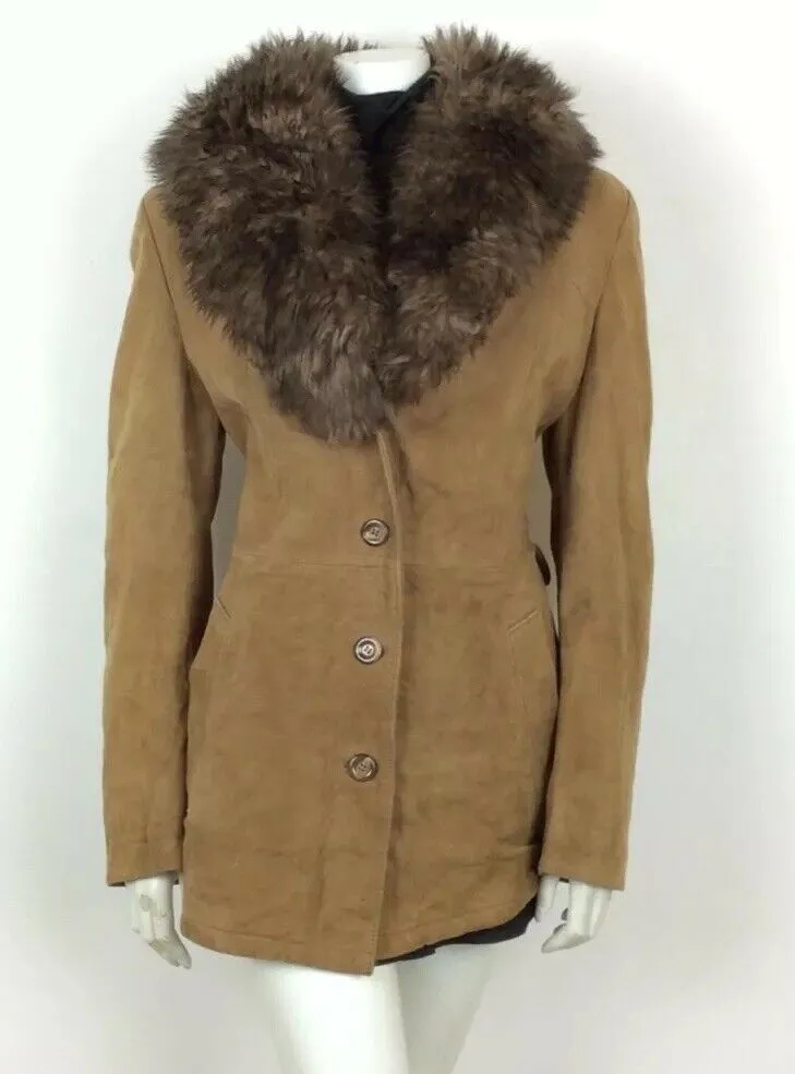 70s VTG BROWN TAN SUEDE LEATHER JACKET FUR TRIM COAT PENNY LANE SHEARLING 16 18