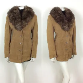 70s VTG BROWN TAN SUEDE LEATHER JACKET FUR TRIM COAT PENNY LANE SHEARLING 16 18