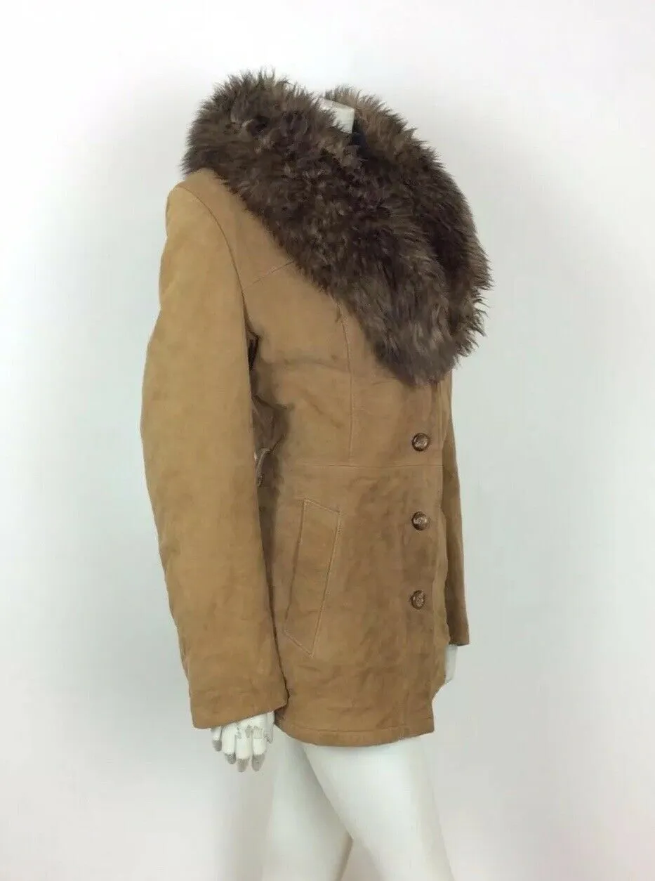 70s VTG BROWN TAN SUEDE LEATHER JACKET FUR TRIM COAT PENNY LANE SHEARLING 16 18