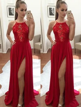 A Line Sleeveless Halter Neck Lace Red Prom Dress, Red Formal Dress, Red Lace Graduation Dress