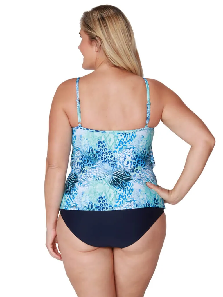 A tiered front tankini with a mid-rise bottom