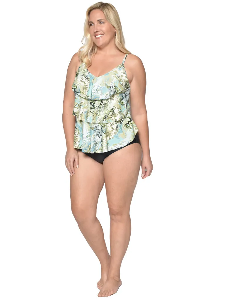 A tiered front tankini with a mid-rise bottom