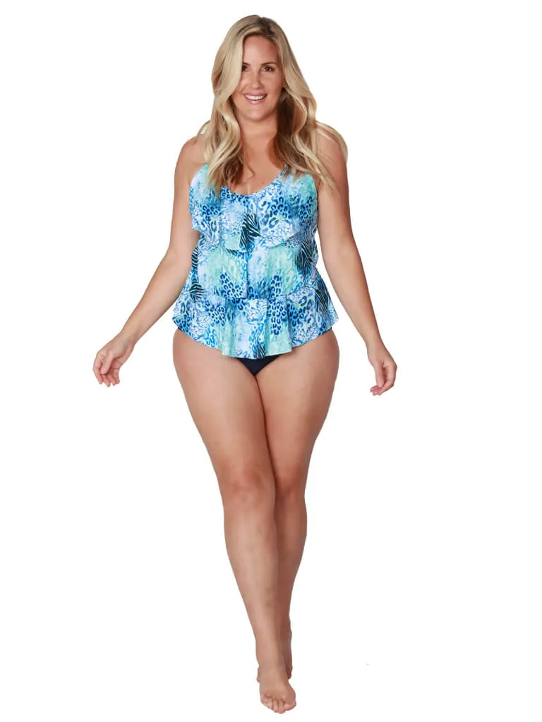 A tiered front tankini with a mid-rise bottom