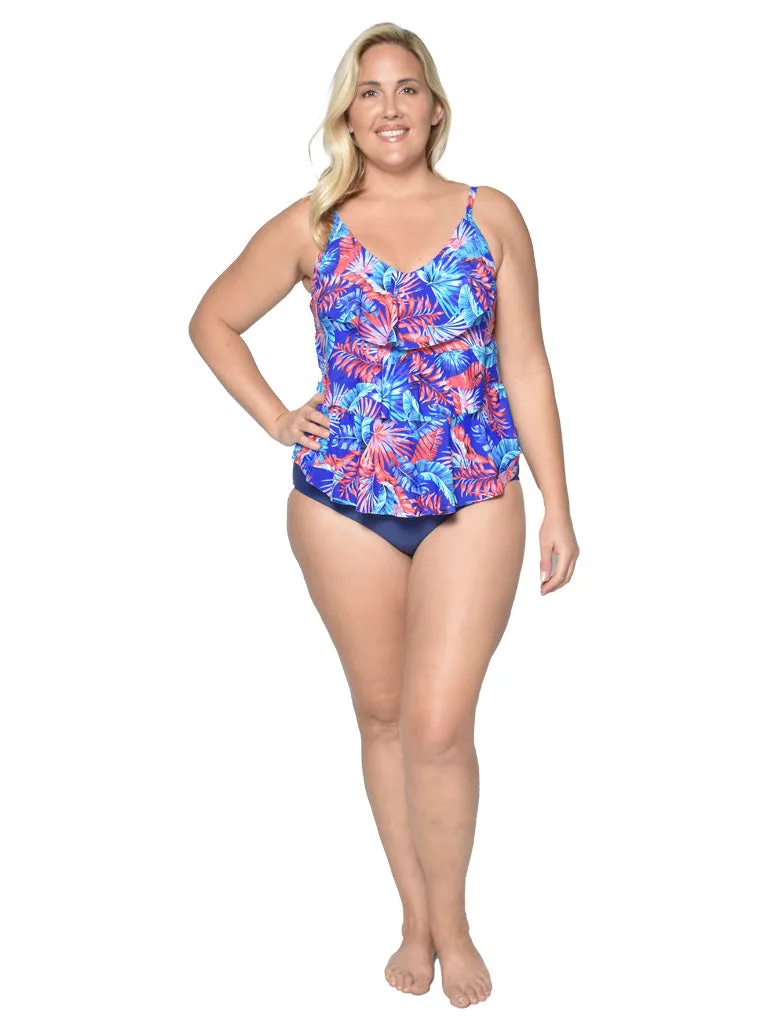 A tiered front tankini with a mid-rise bottom