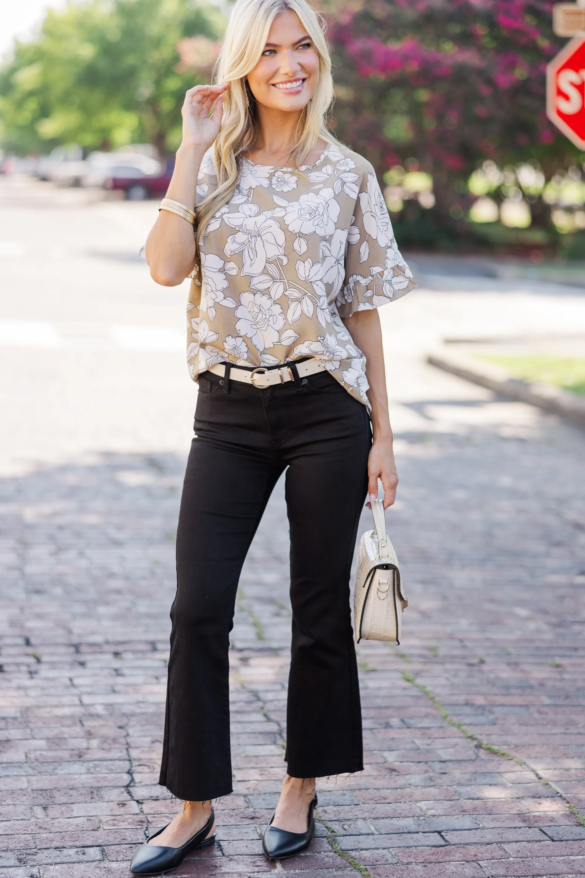 All I Ask Taupe Floral Ruffled Top