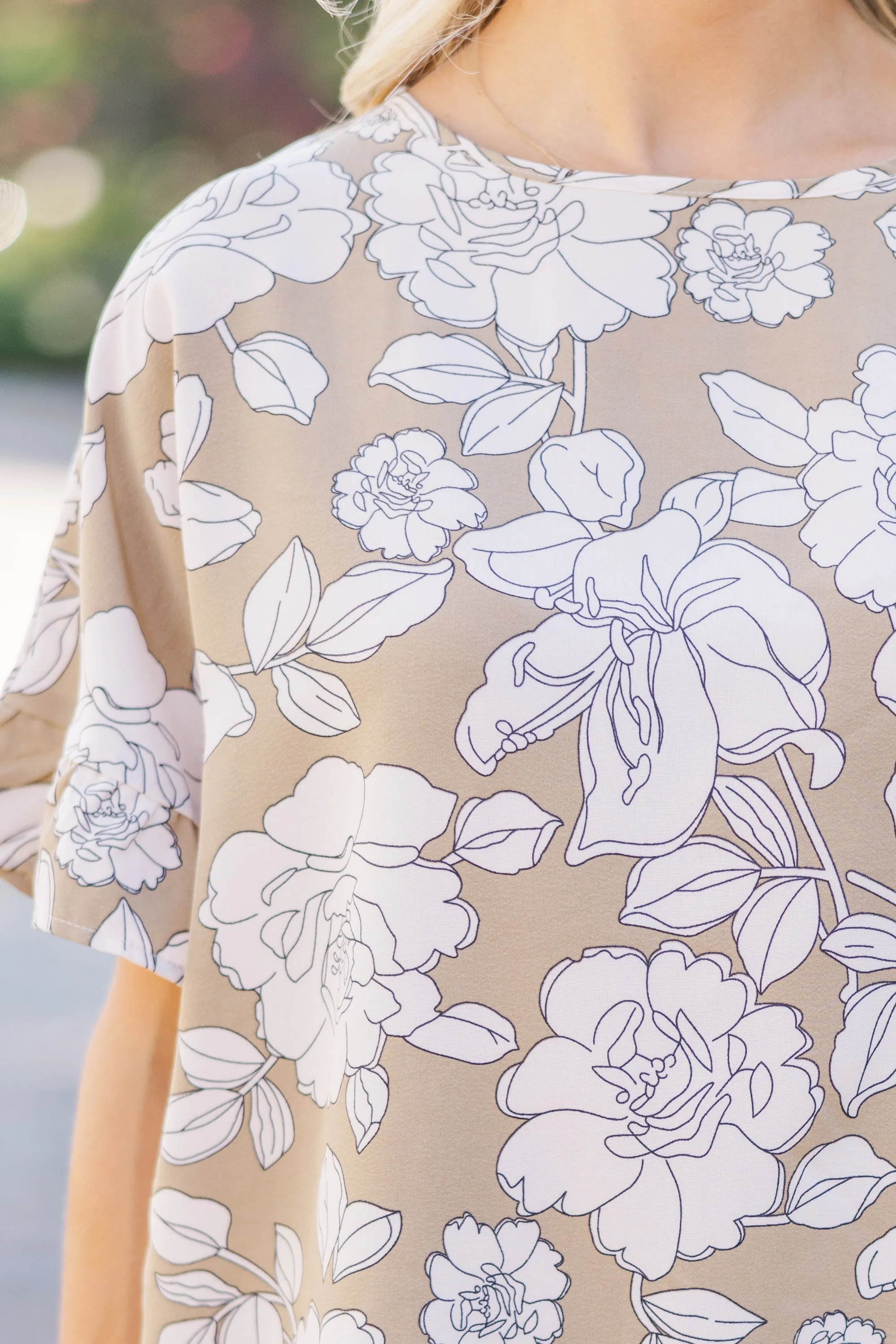 All I Ask Taupe Floral Ruffled Top