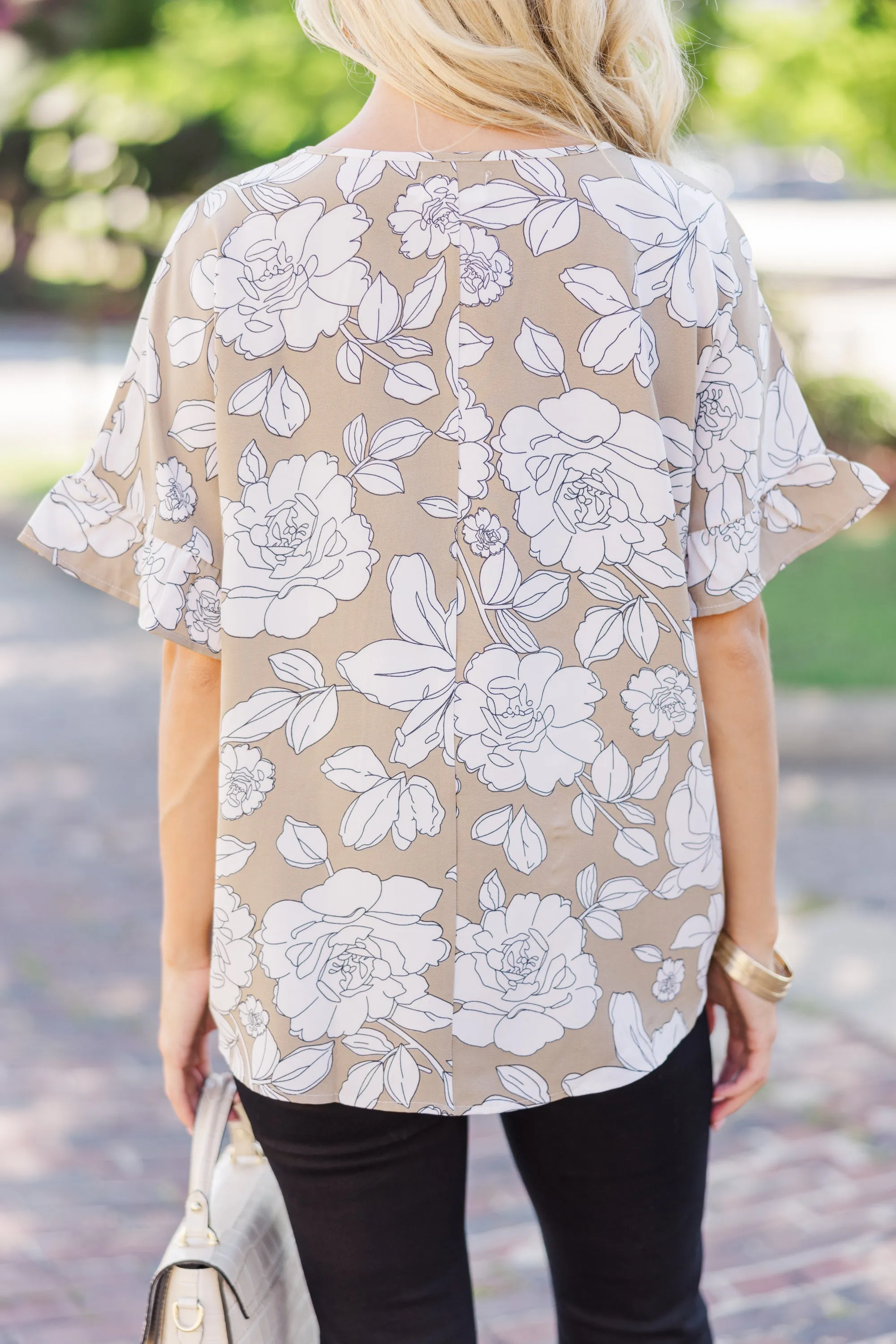 All I Ask Taupe Floral Ruffled Top