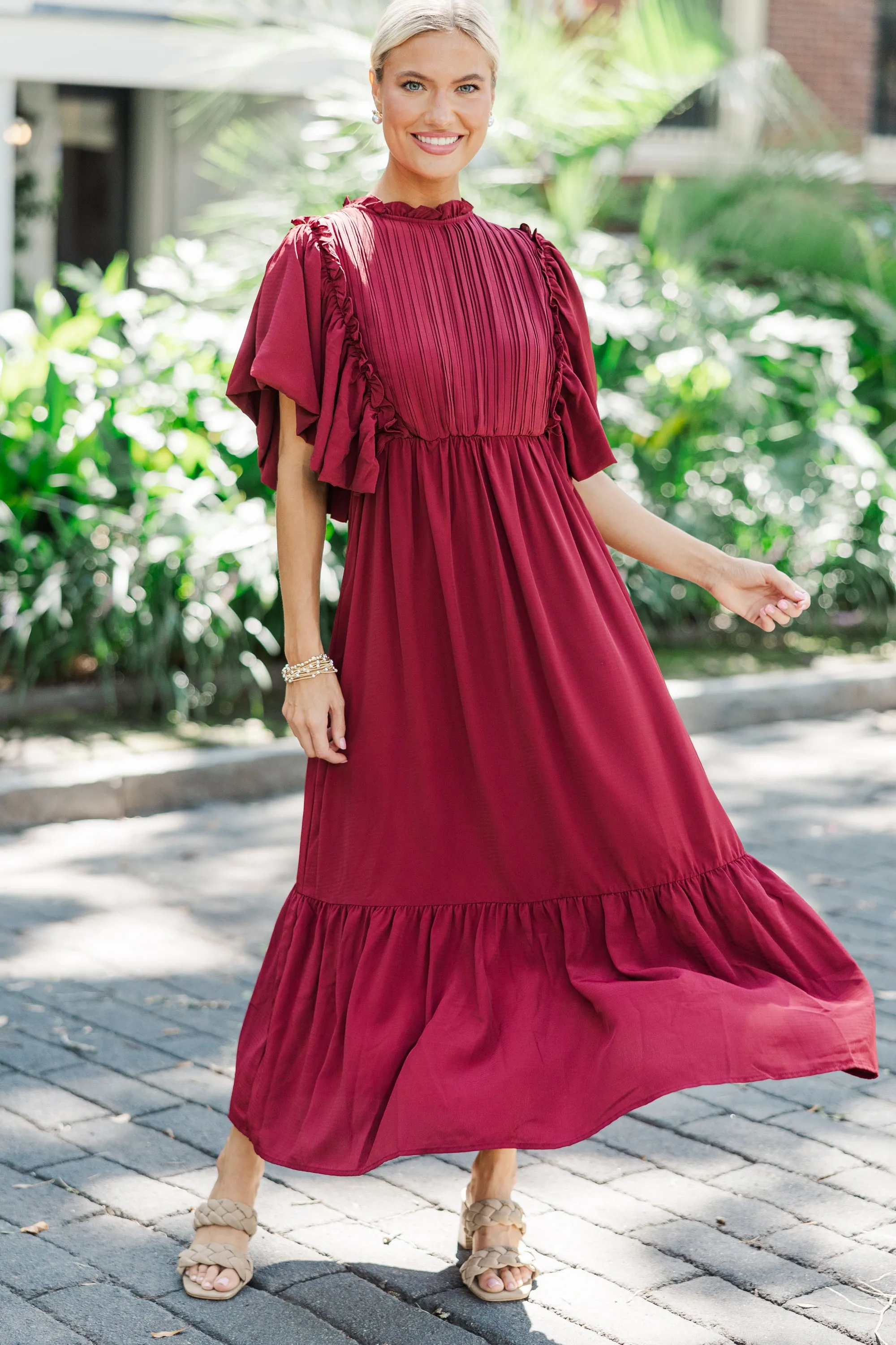 All The Good Burgundy Red Ruffled Midi Dress