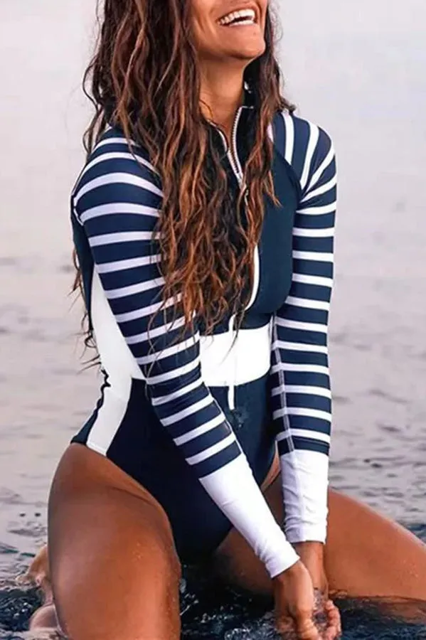 Ariel Zipper Long Sleeve Striped One Piece Swimsuit