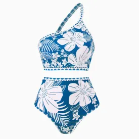 Asymmetrical Contrast Floral High Waist Moderate Crop One Shoulder Bikini Set