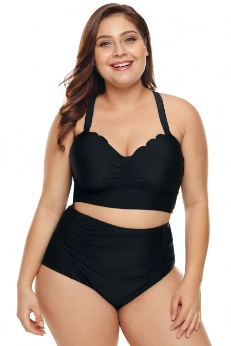 Black Scalloped Detail High Waist Plus Size Bkini Swimsuit