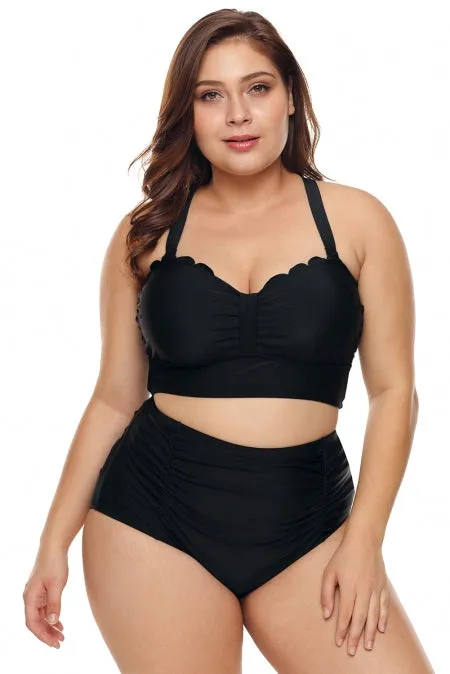 Black Scalloped Detail High Waist Plus Size Bkini Swimsuit