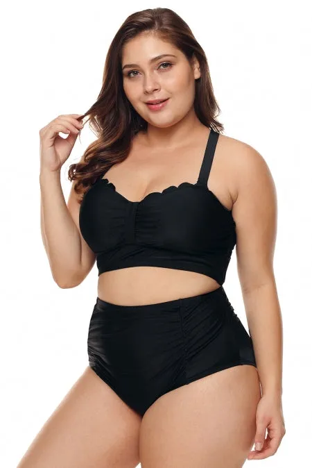 Black Scalloped Detail High Waist Plus Size Bkini Swimsuit