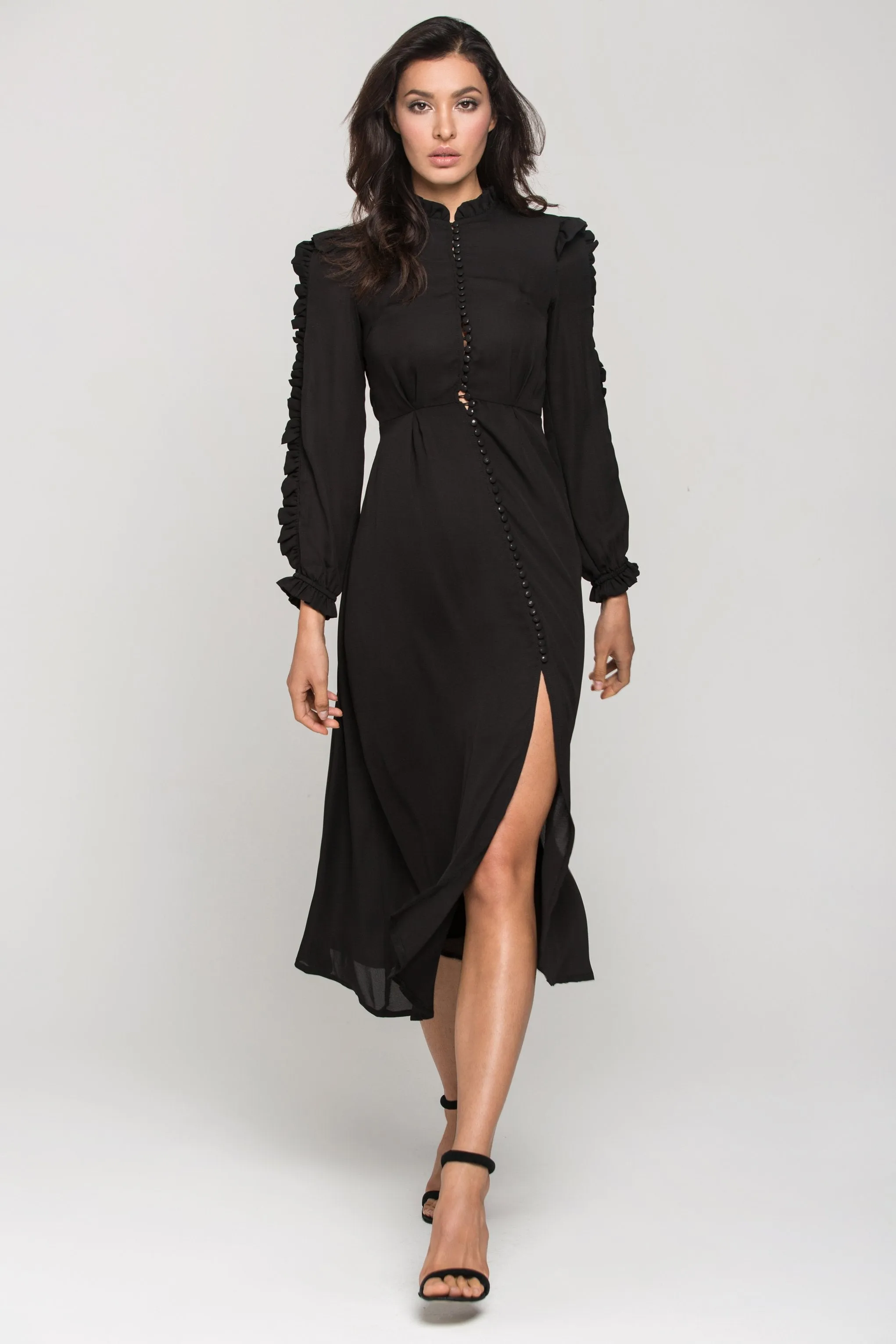 Black Vintage Ruffle Neck Long Sleeves Midi Dress