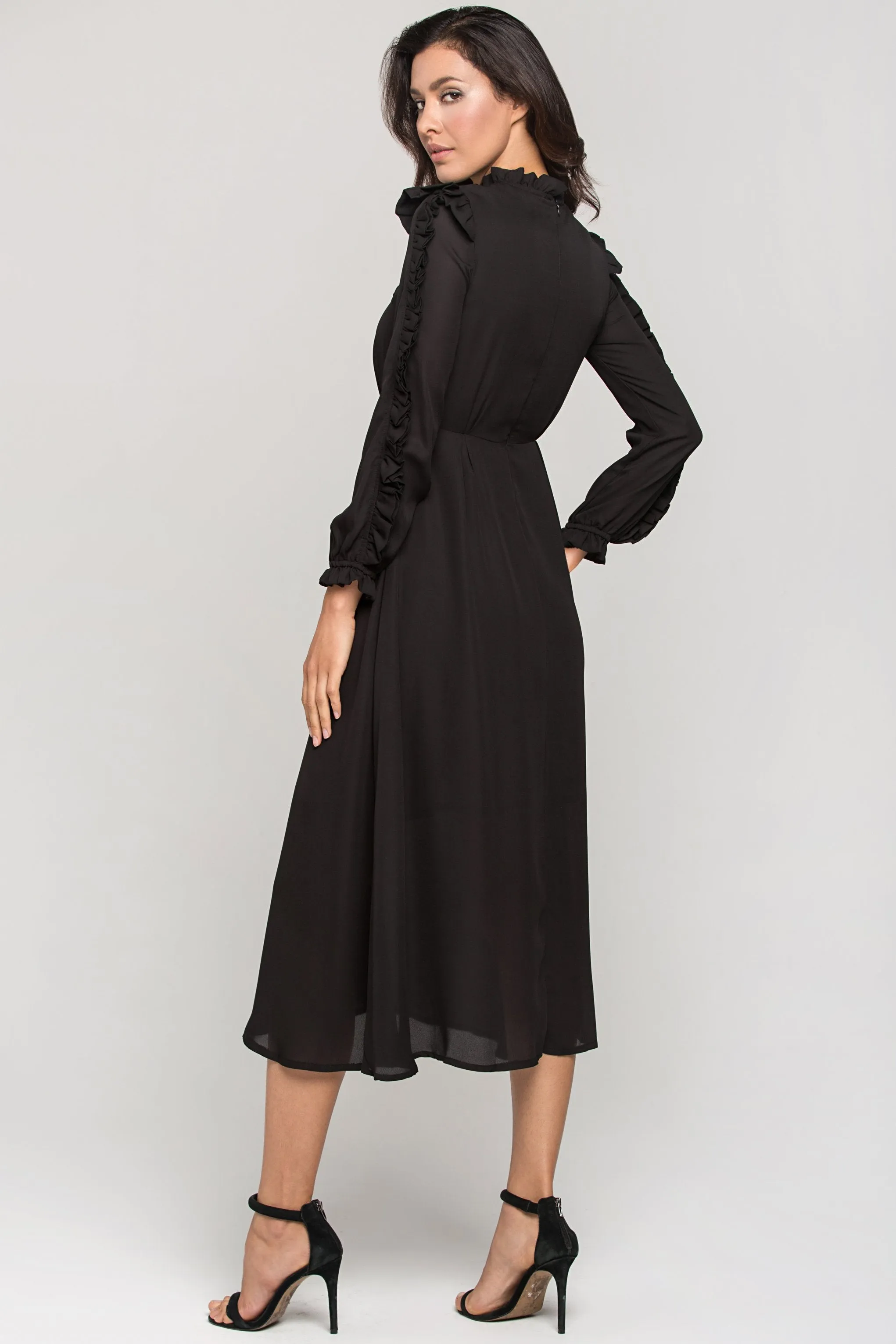 Black Vintage Ruffle Neck Long Sleeves Midi Dress