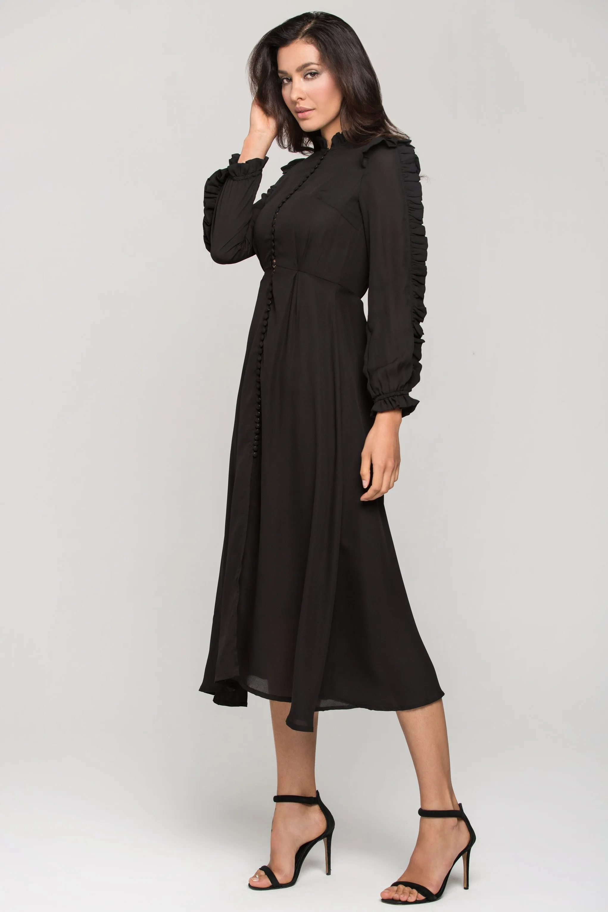 Black Vintage Ruffle Neck Long Sleeves Midi Dress