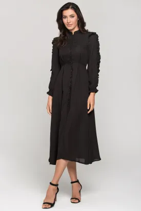 Black Vintage Ruffle Neck Long Sleeves Midi Dress