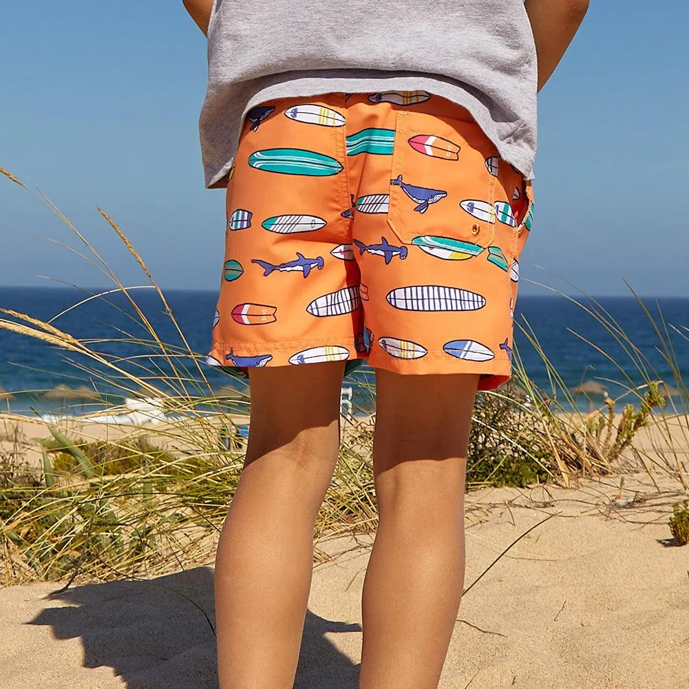 Boys Orange Surfboard Swim Trunk