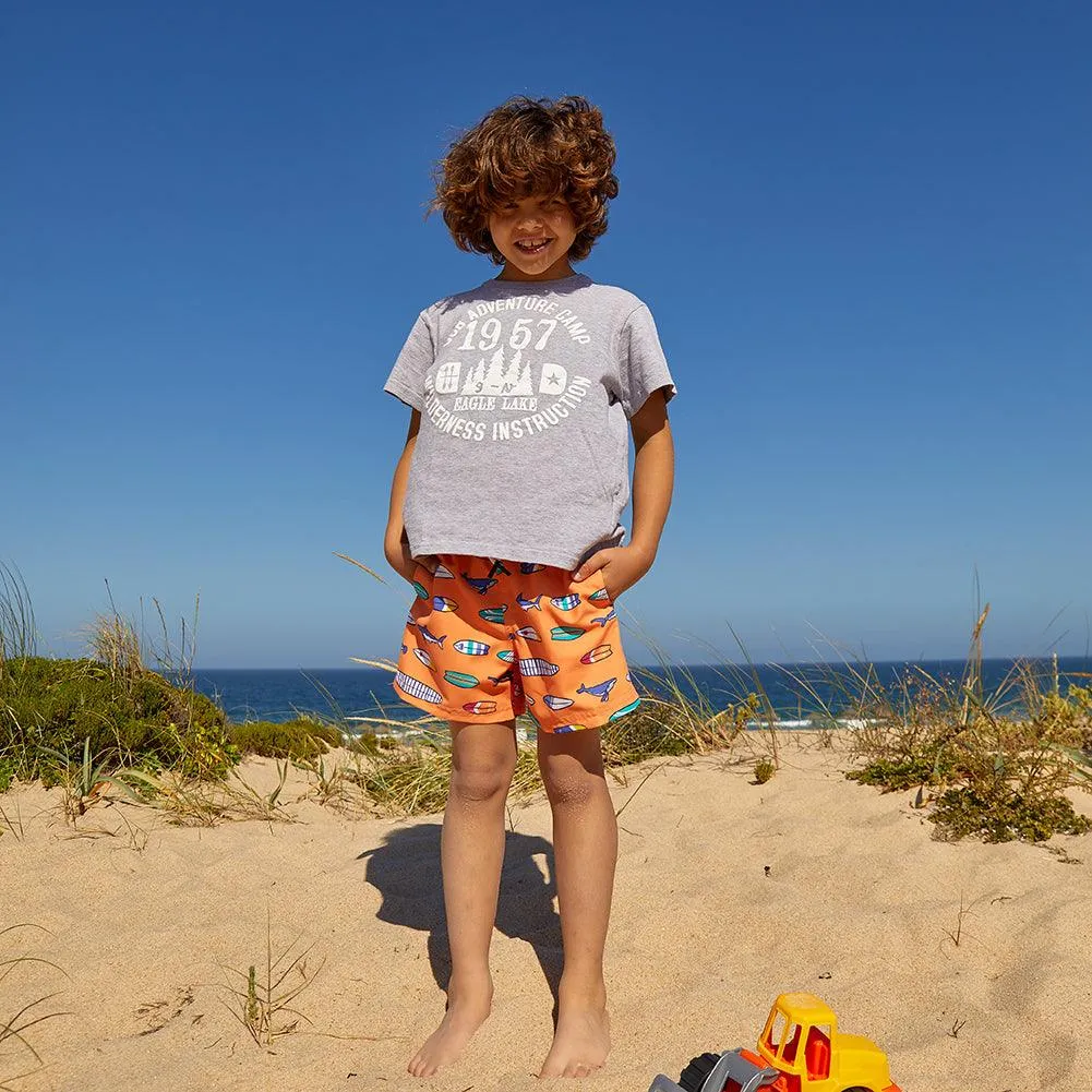 Boys Orange Surfboard Swim Trunk