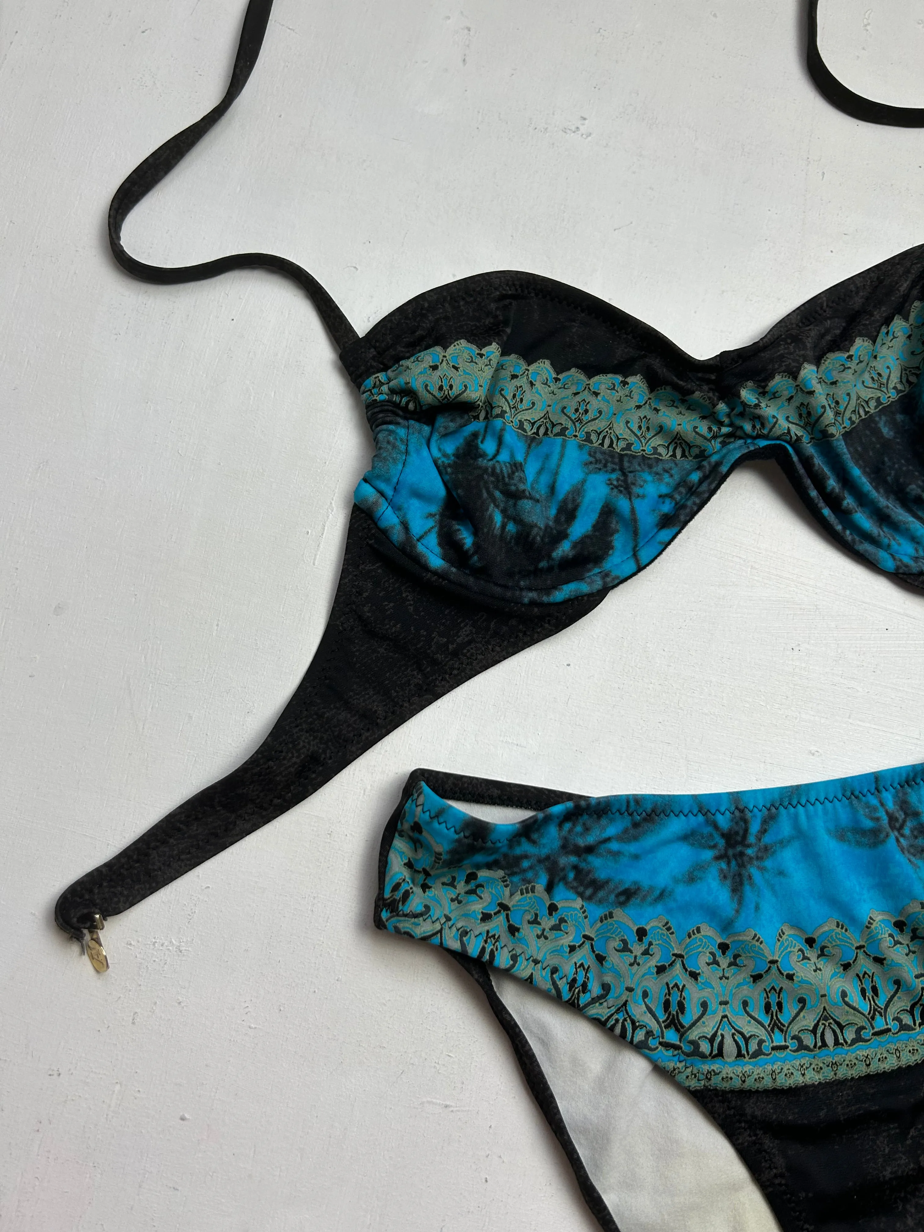 Brown & blue  mid rise adjustable y2k vintage bikini set (M)