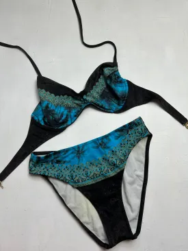 Brown & blue  mid rise adjustable y2k vintage bikini set (M)