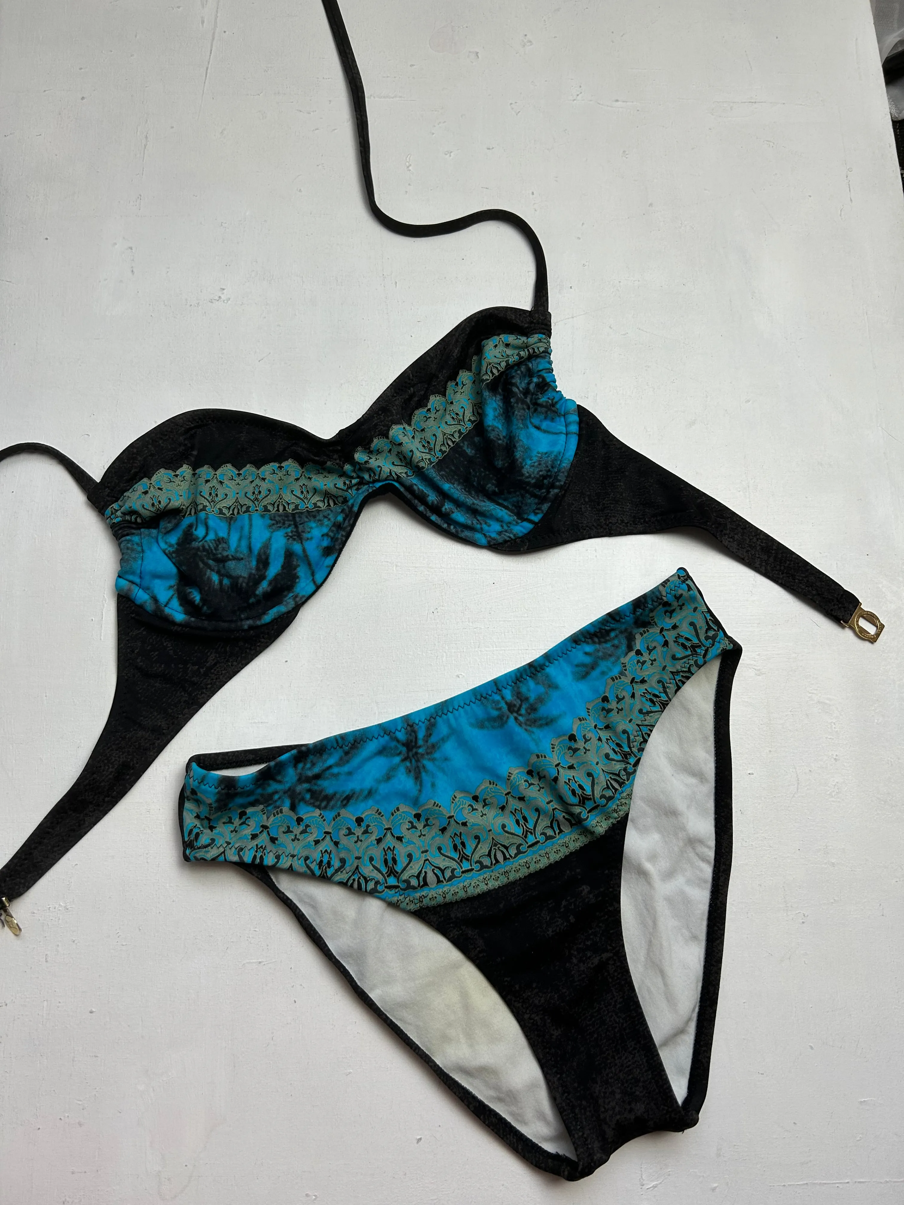 Brown & blue  mid rise adjustable y2k vintage bikini set (M)