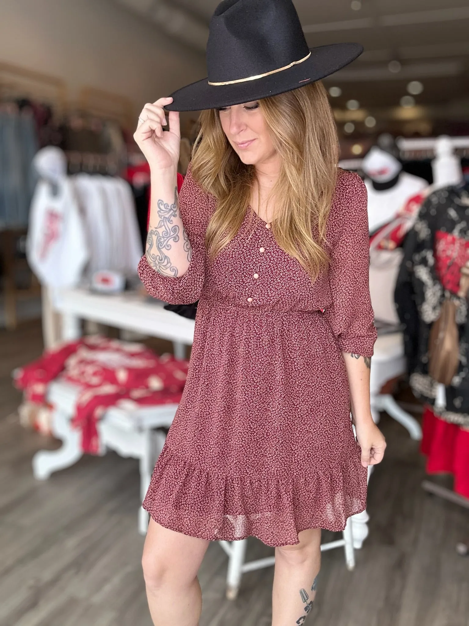 Burgundy 3/4 Sleeve Dress