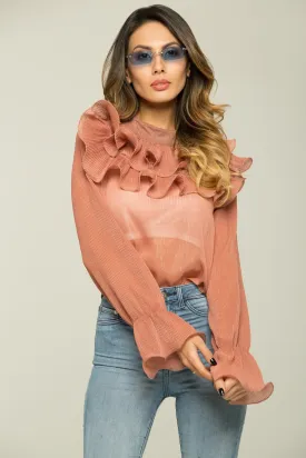 Coral Pink Glimmer Ruffled Top