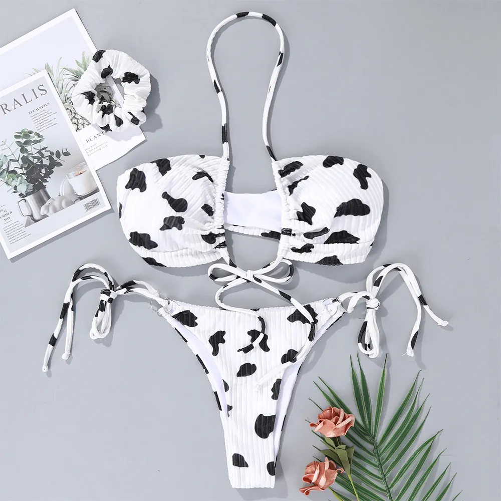 Cow Print Drawstring Bikini