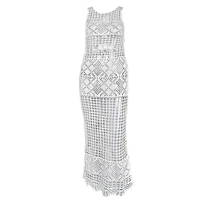 Elegant White Sleeveless Pointelle Crochet Open Knit Cover Up Dress