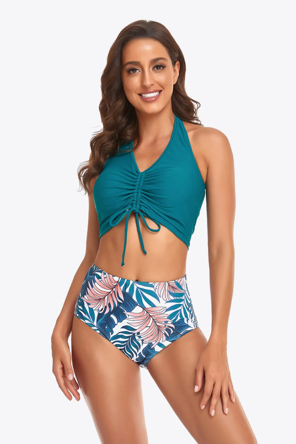 Explore More Collection - Botanical Print Halter Neck Drawstring Detail Bikini Set