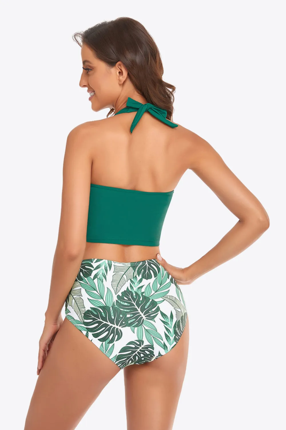 Explore More Collection - Botanical Print Halter Neck Drawstring Detail Bikini Set