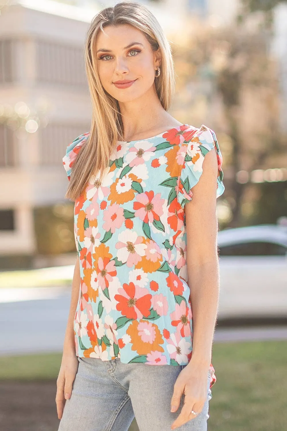 Floral Sleeveless Top with Ruffled Sleeves