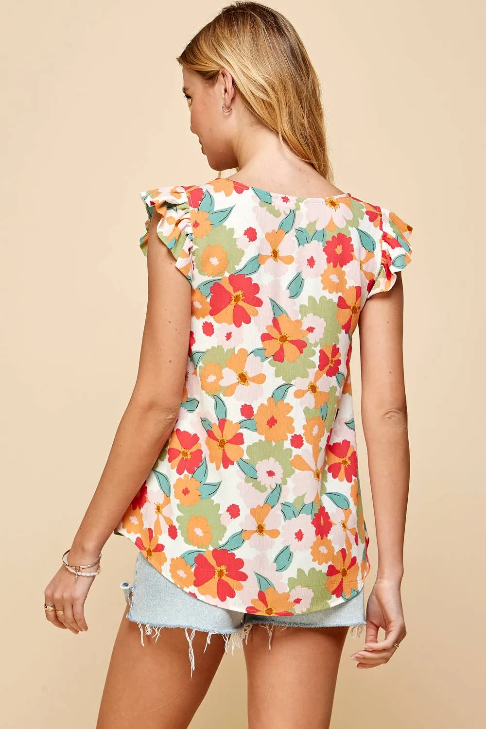 Floral Sleeveless Top with Ruffled Sleeves